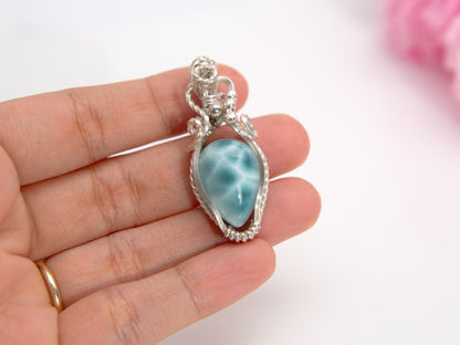 Wire wrapped Silver Larimar Pendant, AAA Larimar, High quality Larimar, Larimar jewelry, Gift for her, Larimar necklace, blue stone jewelry