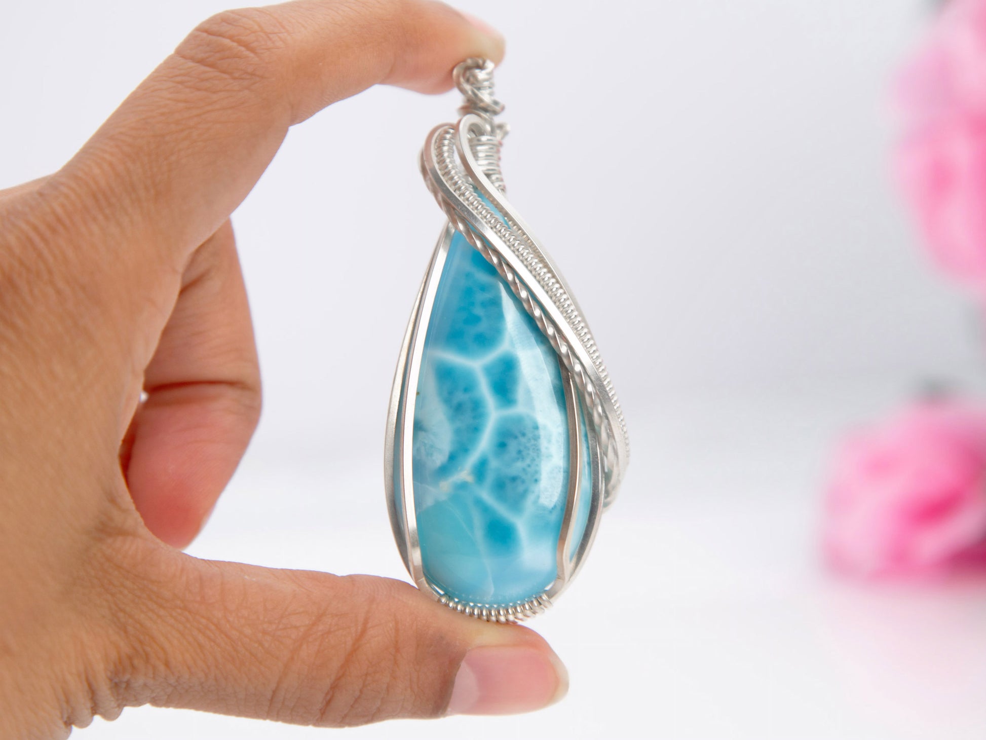 Wire wrapped Silver Larimar Pendant Necklace, AAA Larimar Stone, Larimar jewelry, Larimar necklace, Statement necklace, March birthstone