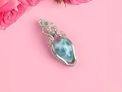 Wire wrapped Silver Larimar Pendant, AAA Larimar, High quality Larimar, Larimar jewelry, Gift for her, Larimar necklace, blue stone jewelry