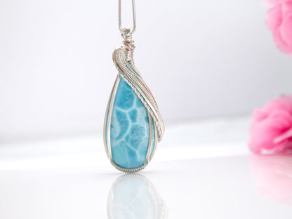 Wire wrapped Silver Larimar Pendant Necklace, AAA Larimar Stone, Larimar jewelry, Larimar necklace, Statement necklace, March birthstone