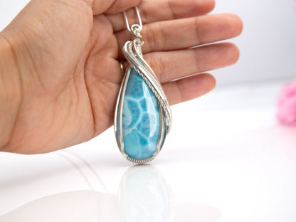 Wire wrapped Silver Larimar Pendant Necklace, AAA Larimar Stone, Larimar jewelry, Larimar necklace, Statement necklace, March birthstone